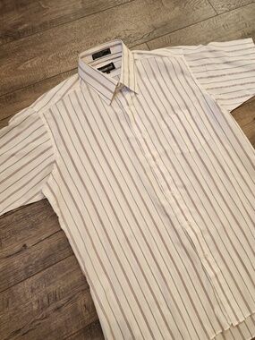 Botany 500 Mens Size 16 Button Up Vintage Vertical Stripes Short Sleeve White